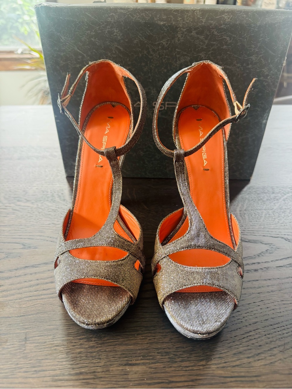 Via Spiga Metallic Bronze T-Strap Heeled Sandals with Orange Insole
